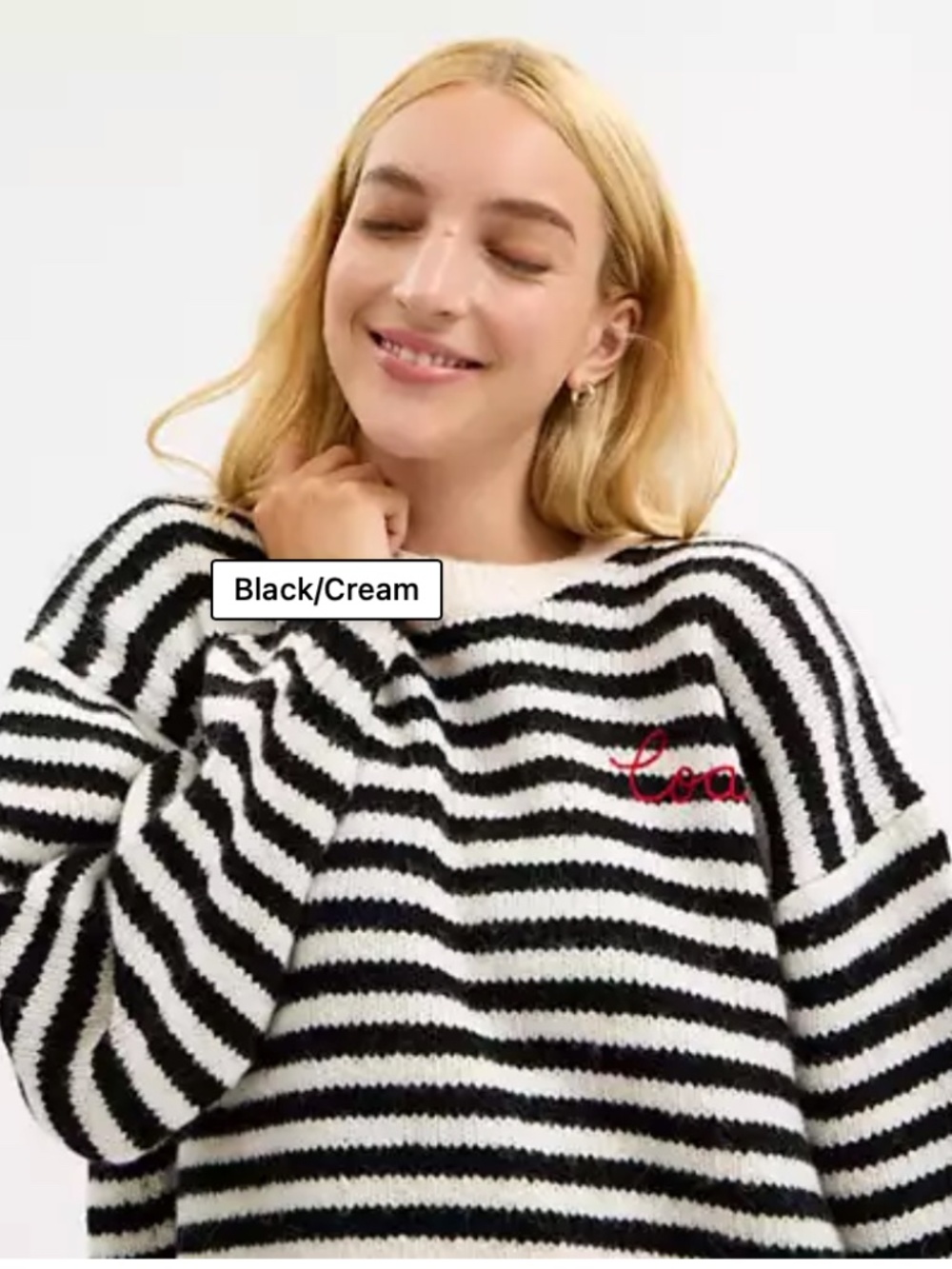 Coach Striped Crewneck Sweater Black/Cream With Embroidered Red Logo Large